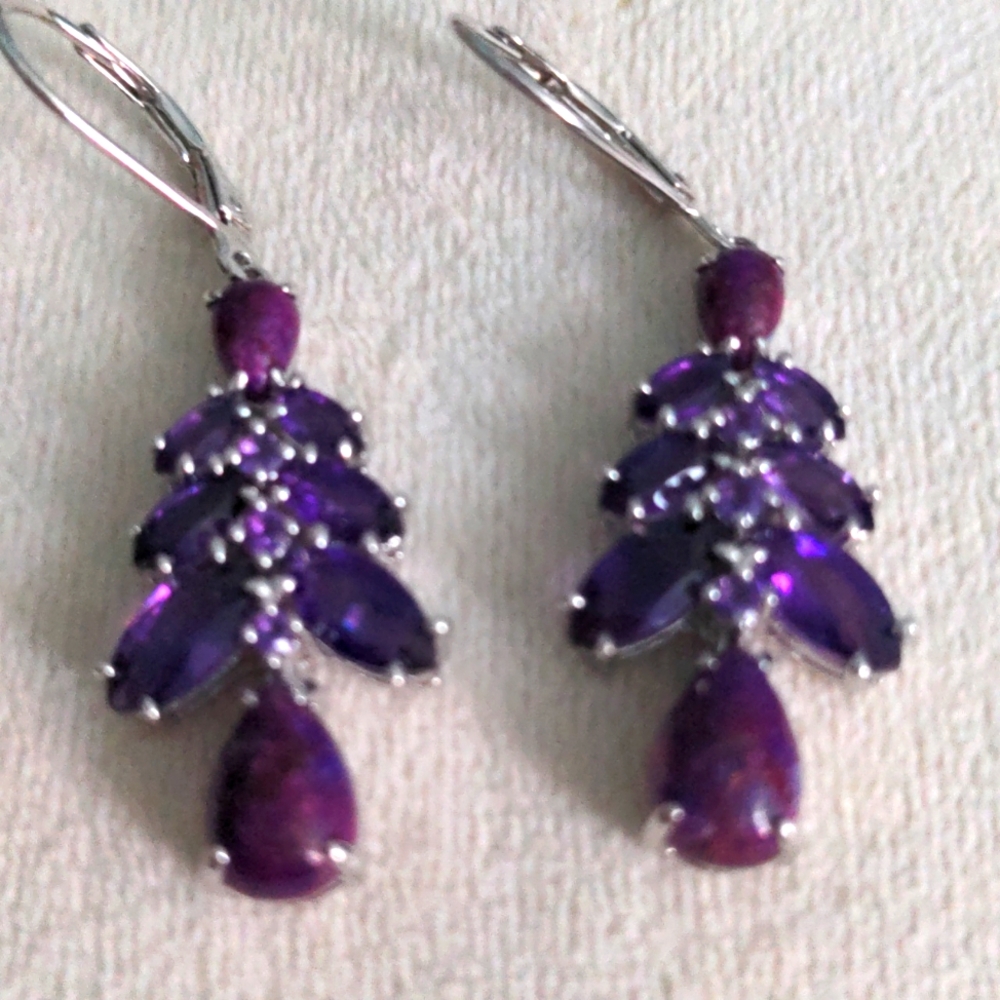 New  Amethyst & Chariote Drop Solid Sterling Earrings, 1 3/4 " Dangle,  Party